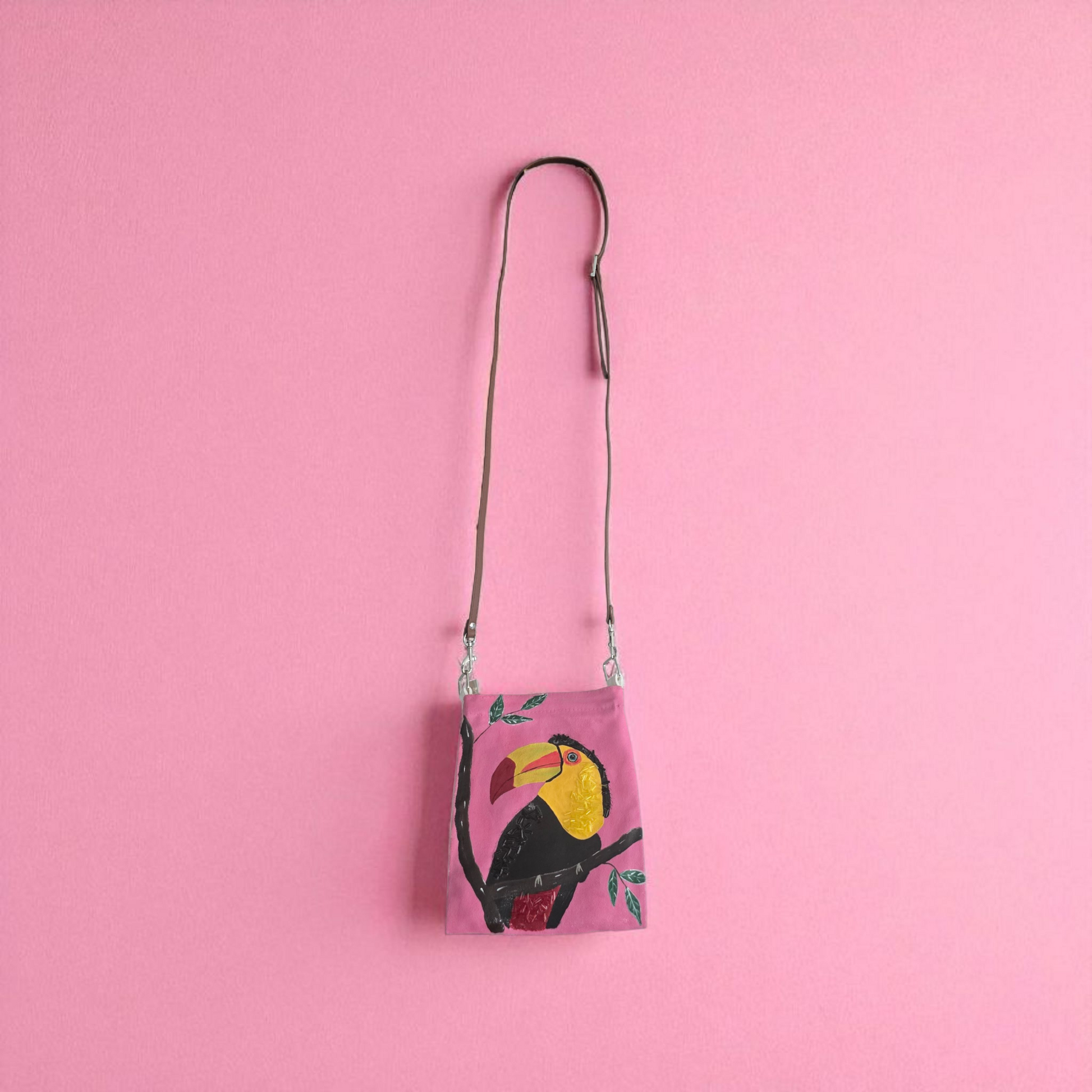 Toucan Small Canvas Crossbody Purse Hand-Painted Tropical Bird on Pink Background – Leather Strap