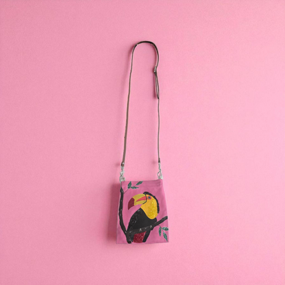 Toucan Small Canvas Crossbody Purse Hand-Painted Tropical Bird on Pink Background – Leather Strap