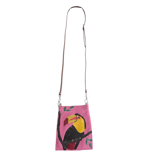Toucan Small Canvas Crossbody Purse Hand-Painted Tropical Bird on Pink Background – Leather Strap