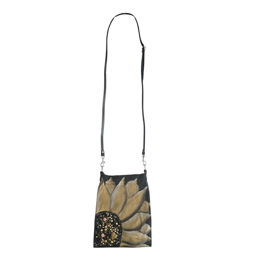 Gold Sunflower Small Canvas Crossbody Purse
Black Canvas with Beaded Center – Adjustable Leather Strap