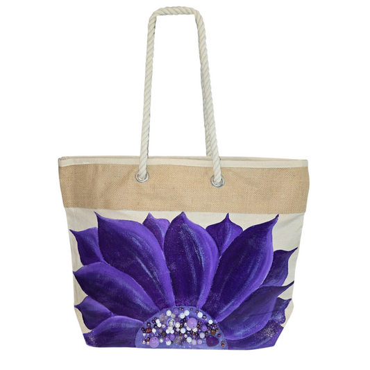 Hand-painted rope handle tote bag featuring a vibrant purple sunflower with bead embellishments.