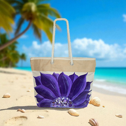 Hand-painted rope handle tote bag featuring a vibrant purple sunflower with bead embellishments.