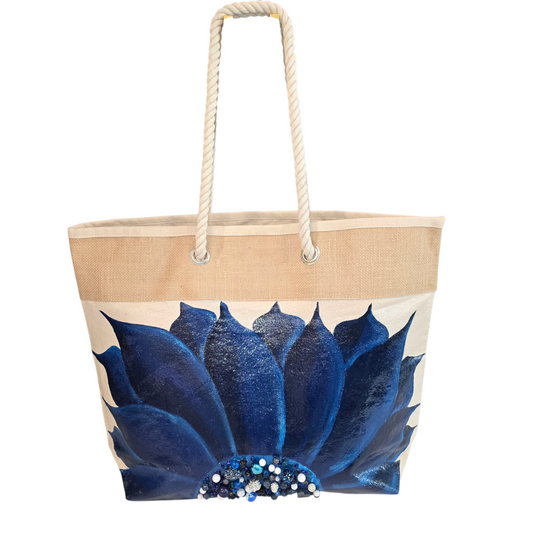 Hand-painted rope handle tote bag with a deep blue sunflower and bead embellishments.