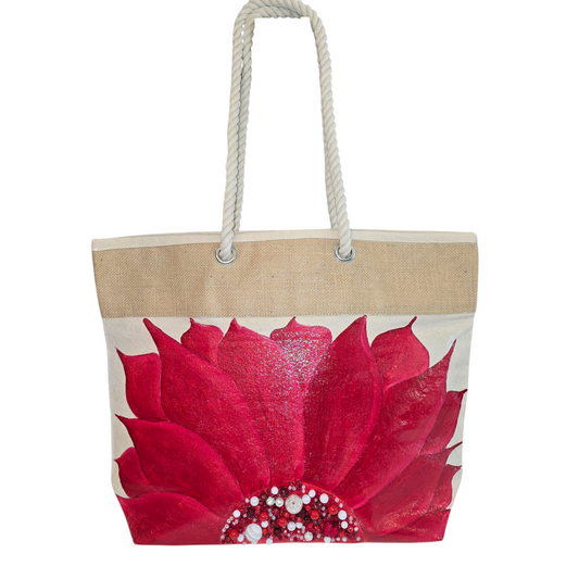 Hand-painted rope handle tote bag featuring a bold red sunflower with bead embellishments.