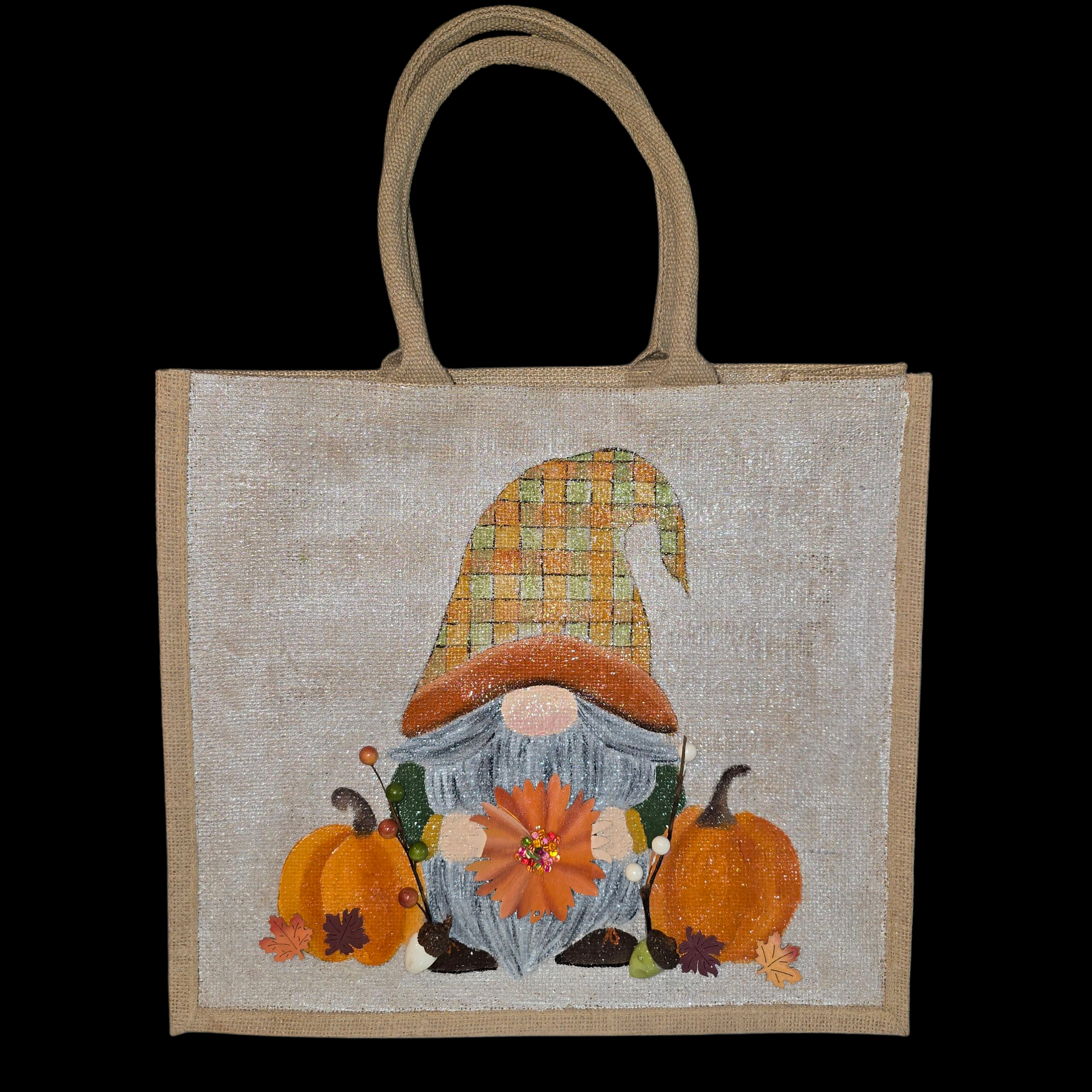 Hand-painted Fall Gnome tote bag with sunflowers, acorns, and berries on metallic jute background