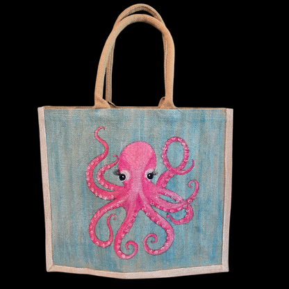 Octopus Hand-Painted Jute Pink Tote Bag