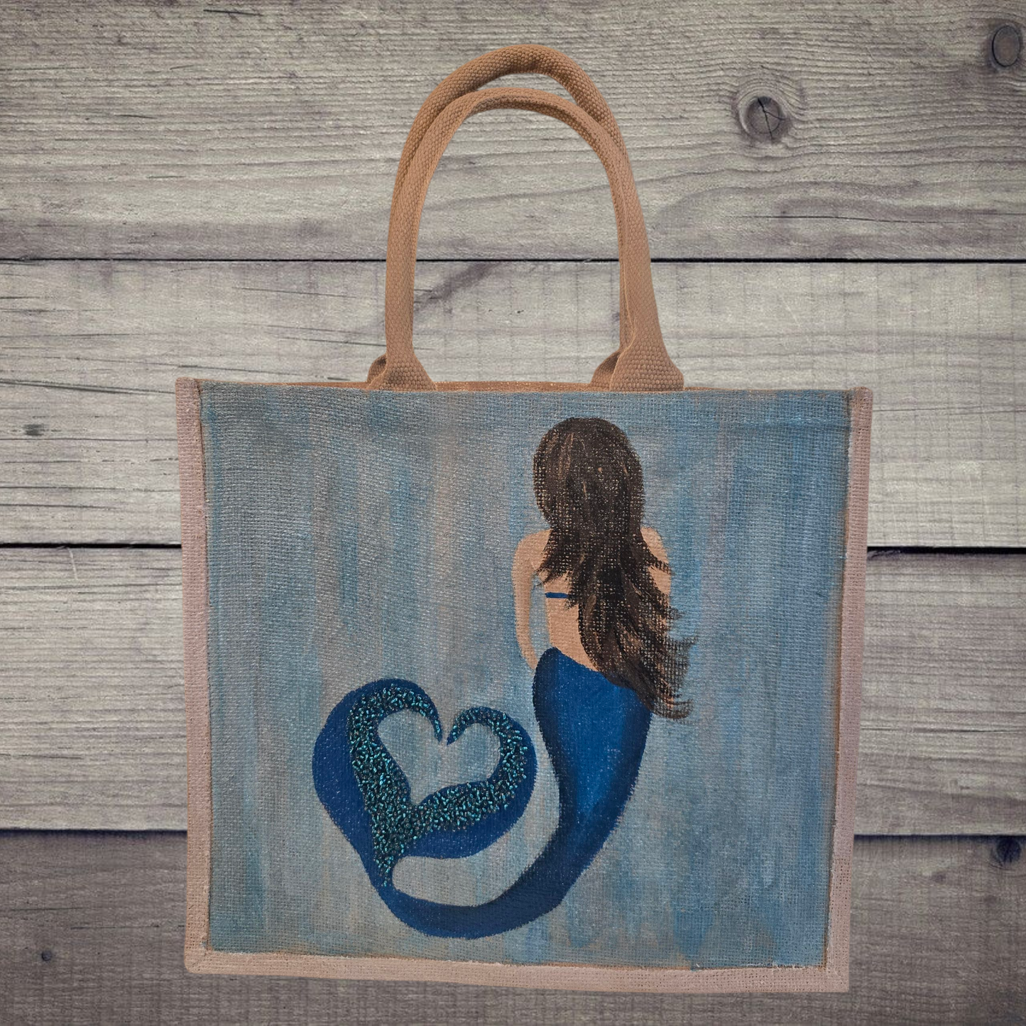 Mermaid Hand-Painted Jute Tote Bag with Iridescent & Undersea Details