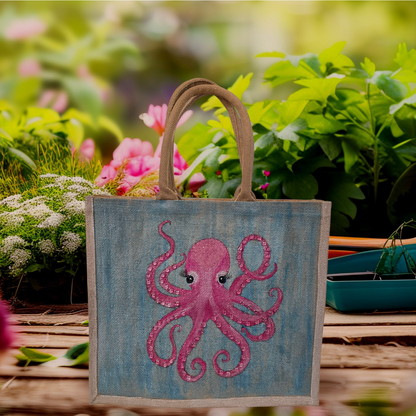 Octopus Hand-Painted Jute Pink Tote Bag