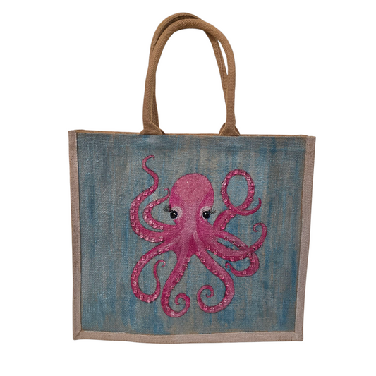 Octopus Hand-Painted Jute Pink Tote Bag