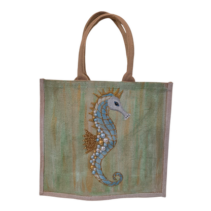 Seahorse Hand-Painted Jute Tote Bag with Pearly Seashell Accents
