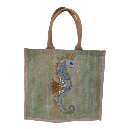 Seahorse Hand-Painted Jute Tote Bag with Pearly Seashell Accents