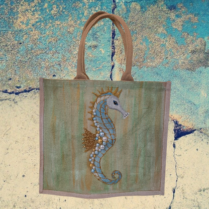 Seahorse Hand-Painted Jute Tote Bag with Pearly Seashell Accents