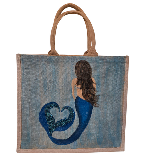 Mermaid Hand-Painted Jute Tote Bag with Iridescent & Undersea Details