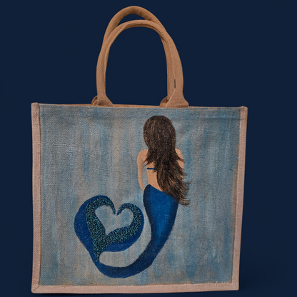 Mermaid Hand-Painted Jute Tote Bag with Iridescent & Undersea Details