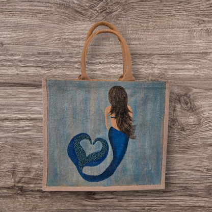Mermaid Hand-Painted Jute Tote Bag with Iridescent & Undersea Details