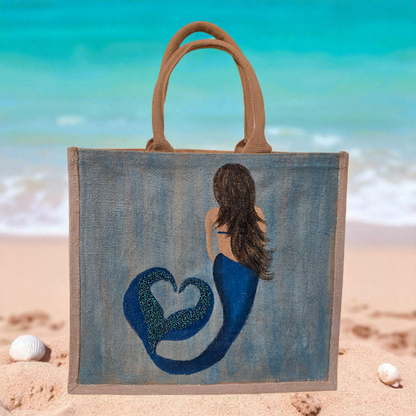 Mermaid Hand-Painted Jute Tote Bag with Iridescent & Undersea Details