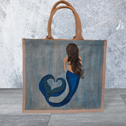 Mermaid Hand-Painted Jute Tote Bag with Iridescent & Undersea Details