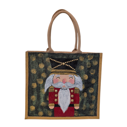 Hand-painted classic nutcracker tote with golden bokeh background, 
Festive nutcracker artwork on artisan jute bag, Traditional holiday nutcracker on lined jute tote
