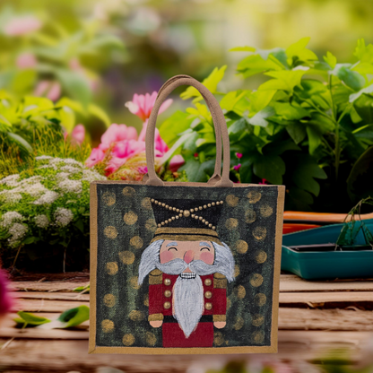 Hand-painted classic nutcracker tote with golden bokeh background, 
Festive nutcracker artwork on artisan jute bag, Traditional holiday nutcracker on lined jute tote