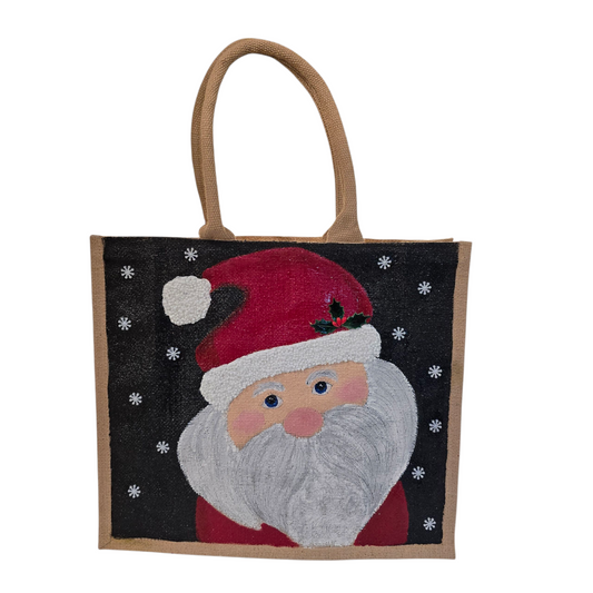 Hand-painted classic Santa portrait on black snowy background, Jolly Santa face tote with holly detail and textured beard, Artisan Santa holiday tote, lined jute with long handles