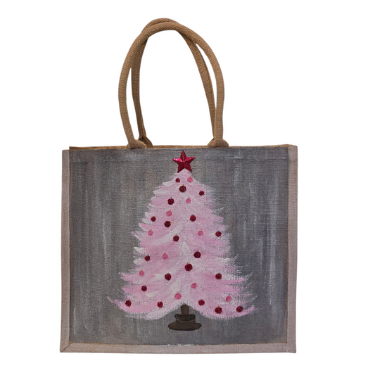 Hand-painted pink Christmas tree with red ornaments on gray, Blush holiday tree tote with star topper on jute bag, 
Modern pink Christmas tote, lined jute with long handles