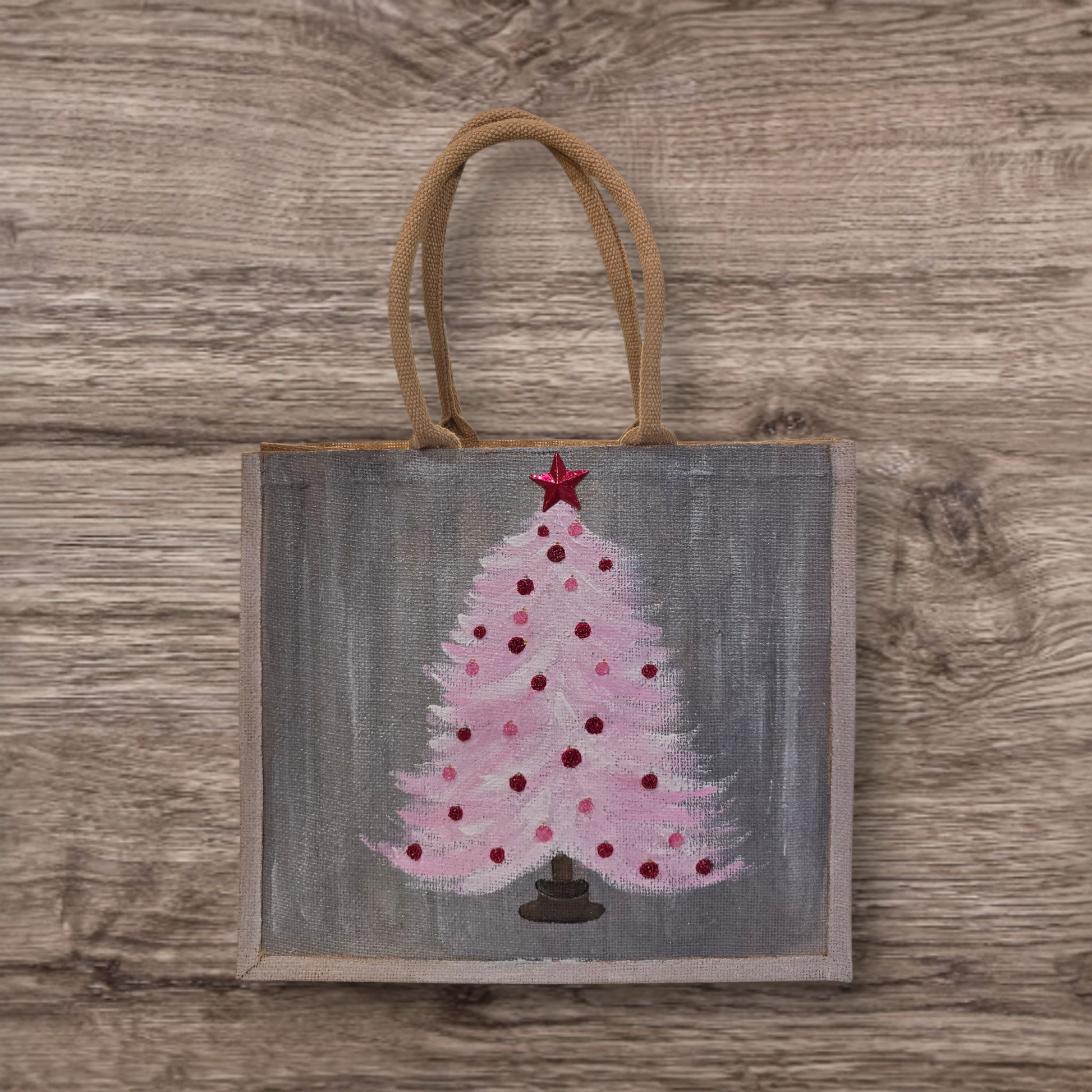 Hand-painted pink Christmas tree with red ornaments on gray, Blush holiday tree tote with star topper on jute bag, 
Modern pink Christmas tote, lined jute with long handles