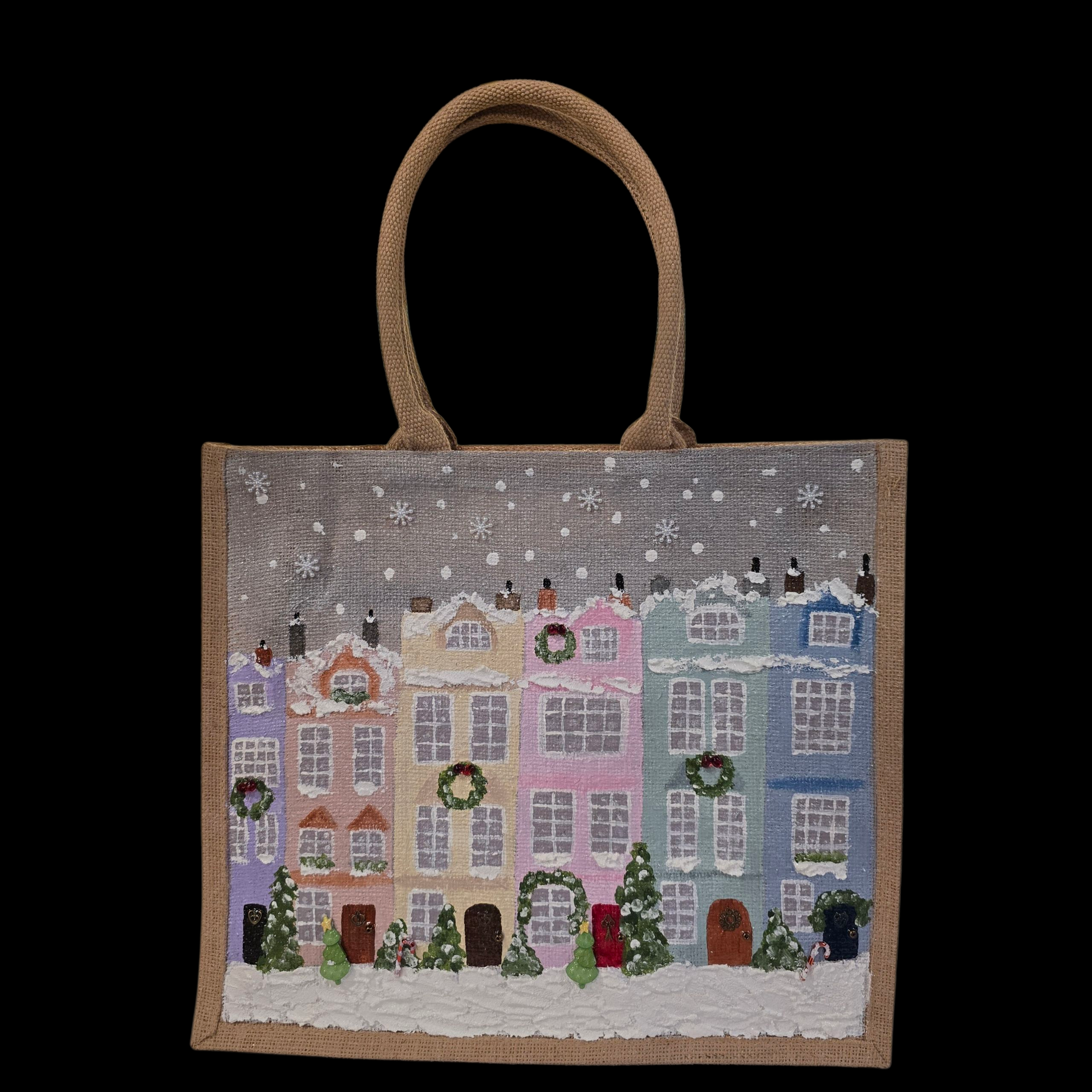 Hand-painted pastel gingerbread row houses in the snow on jute tote, Holiday village street artwork on artisan lined tote, Pastel Christmas houses tote with wreaths and snowfall