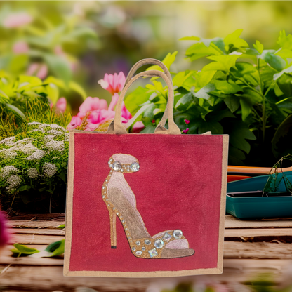 Hand-painted gold stiletto tote bag with jeweled accents on natural jute background