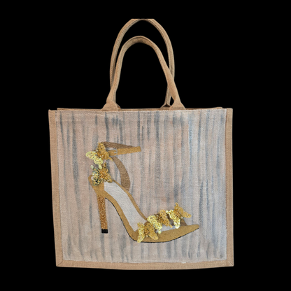 Dana’s Uncommon Glass Golden Butterfly Stiletto Jute Tote — hand-painted fashion bag with butterfly accents