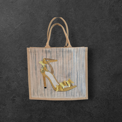 Dana’s Uncommon Glass Golden Butterfly Stiletto Jute Tote — hand-painted fashion bag with butterfly accents