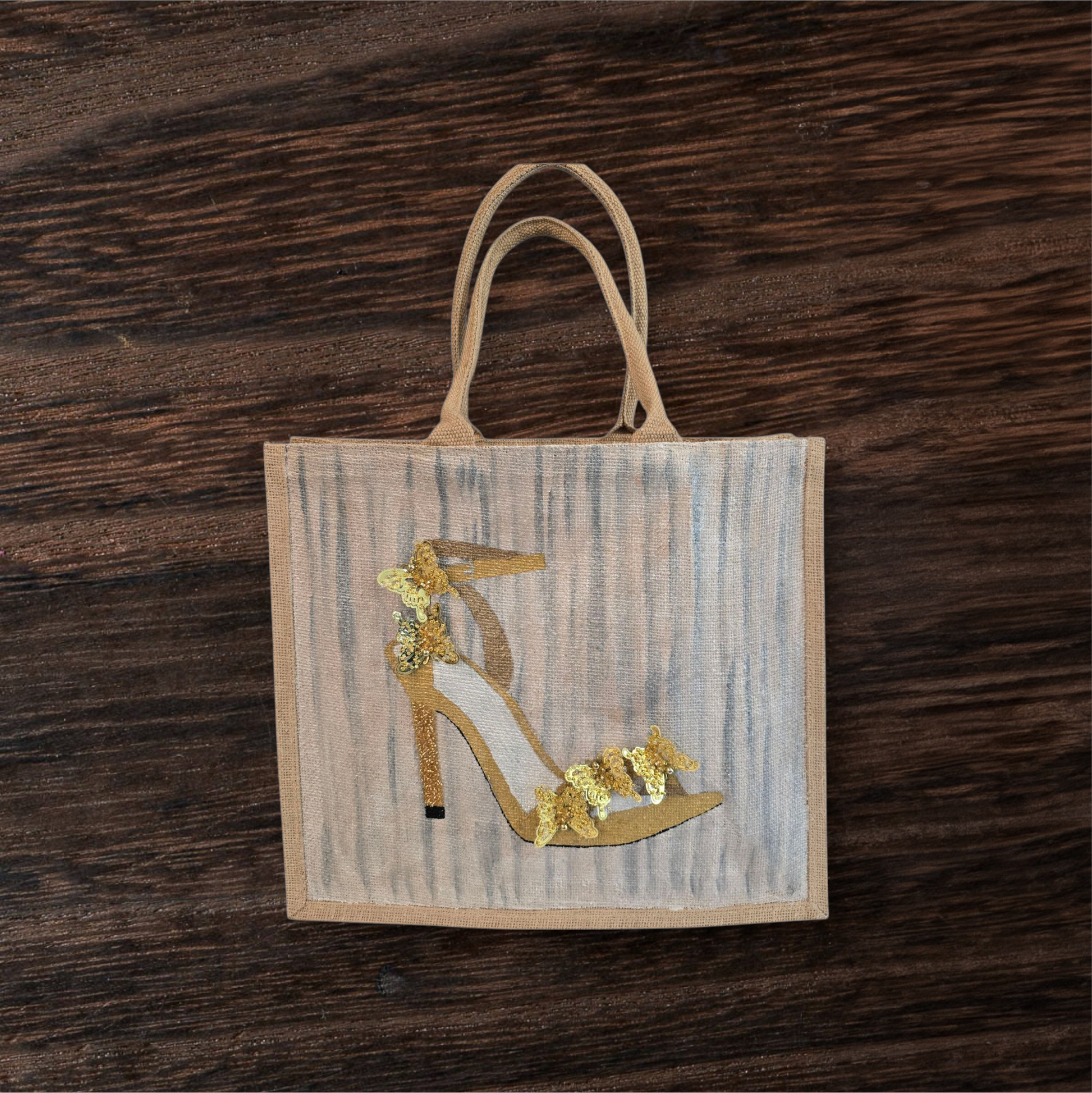 Dana’s Uncommon Glass Golden Butterfly Stiletto Jute Tote — hand-painted fashion bag with butterfly accents