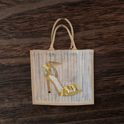 Dana’s Uncommon Glass Golden Butterfly Stiletto Jute Tote — hand-painted fashion bag with butterfly accents