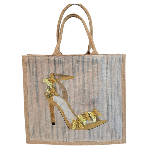 Dana’s Uncommon Glass Golden Butterfly Stiletto Jute Tote — hand-painted fashion bag with butterfly accents