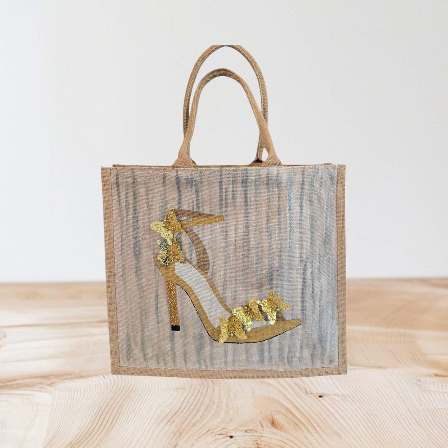 Dana’s Uncommon Glass Golden Butterfly Stiletto Jute Tote — hand-painted fashion bag with butterfly accents
