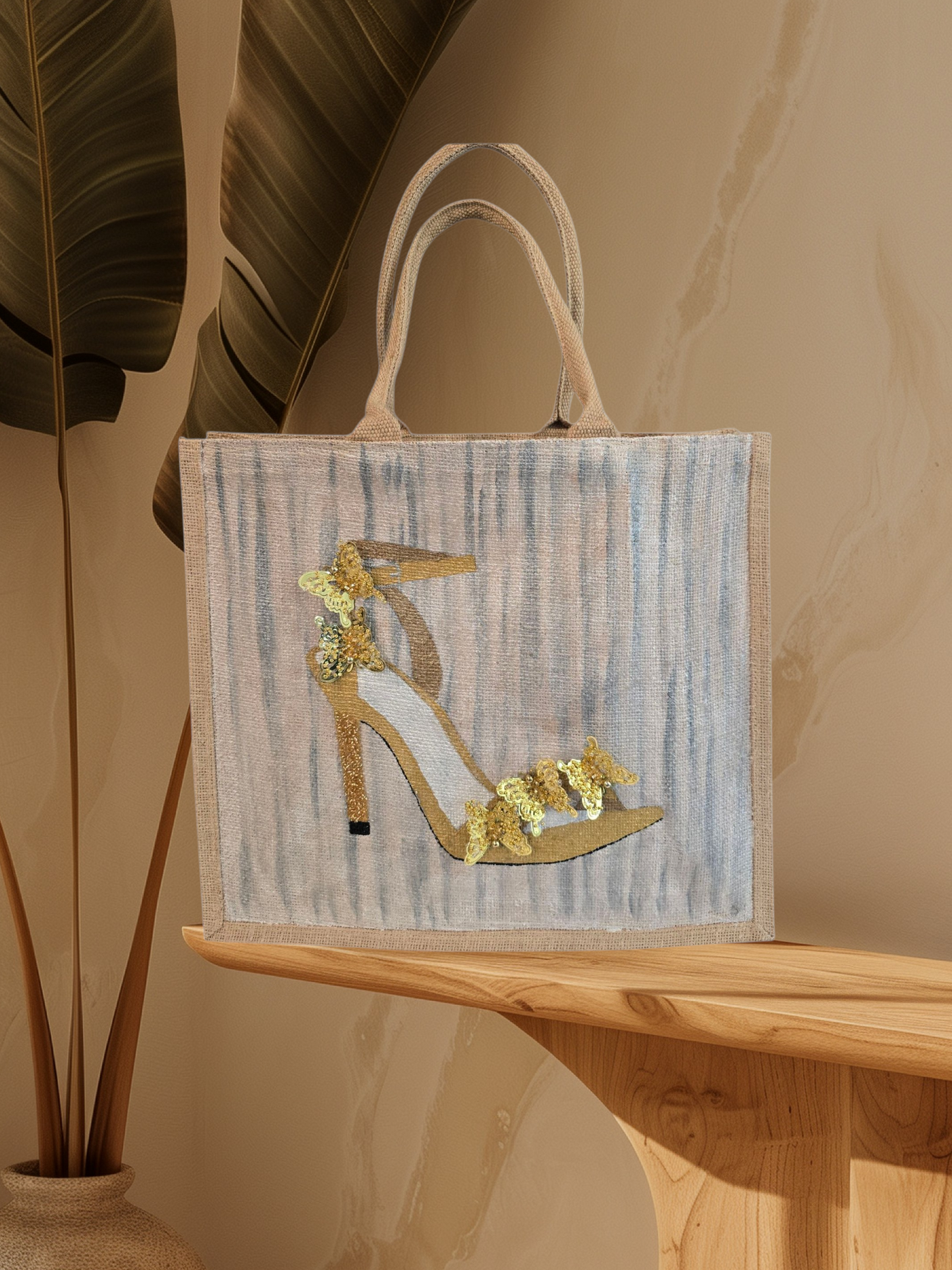 Dana’s Uncommon Glass Golden Butterfly Stiletto Jute Tote — hand-painted fashion bag with butterfly accents