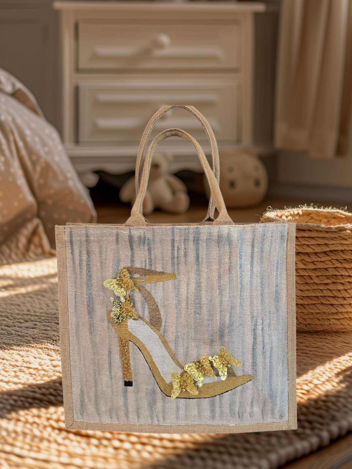 Dana’s Uncommon Glass Golden Butterfly Stiletto Jute Tote — hand-painted fashion bag with butterfly accents
