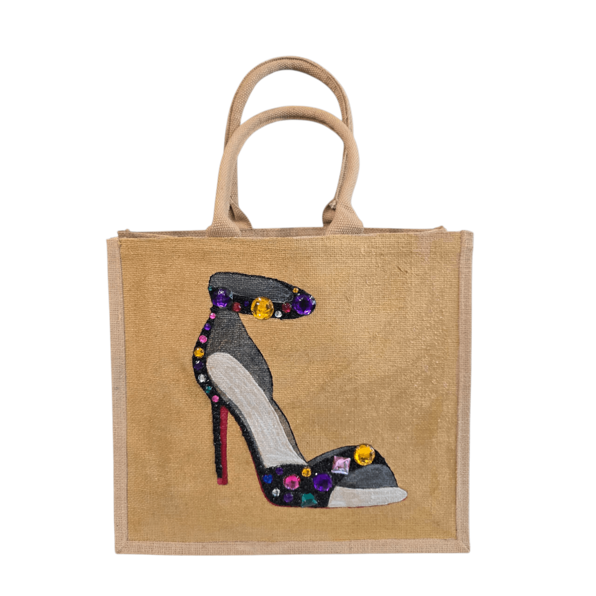 Hand-painted black stiletto tote bag with gold jeweled accents on natural jute background