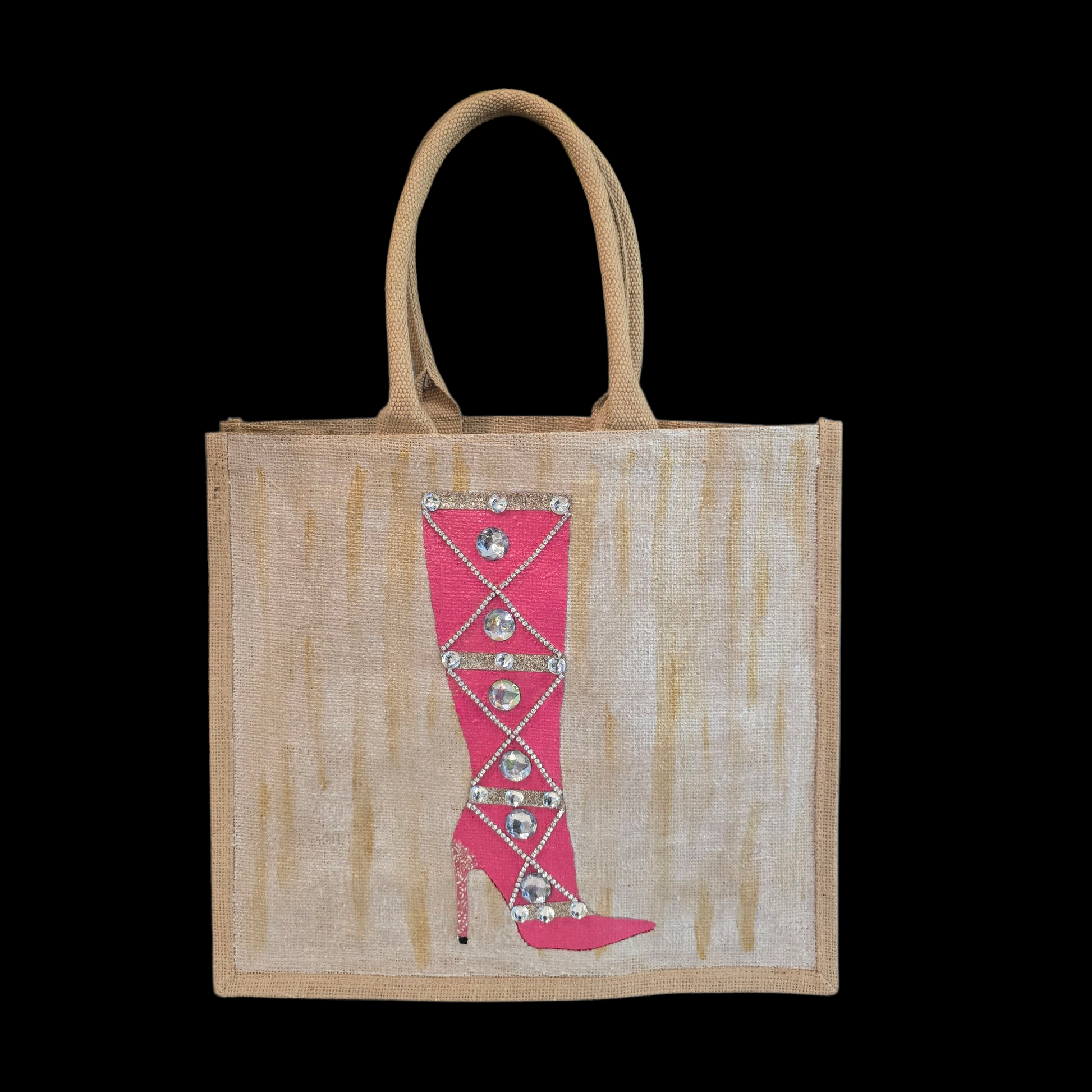 Hand-painted pink rhinestone boot tote bag on natural jute background
