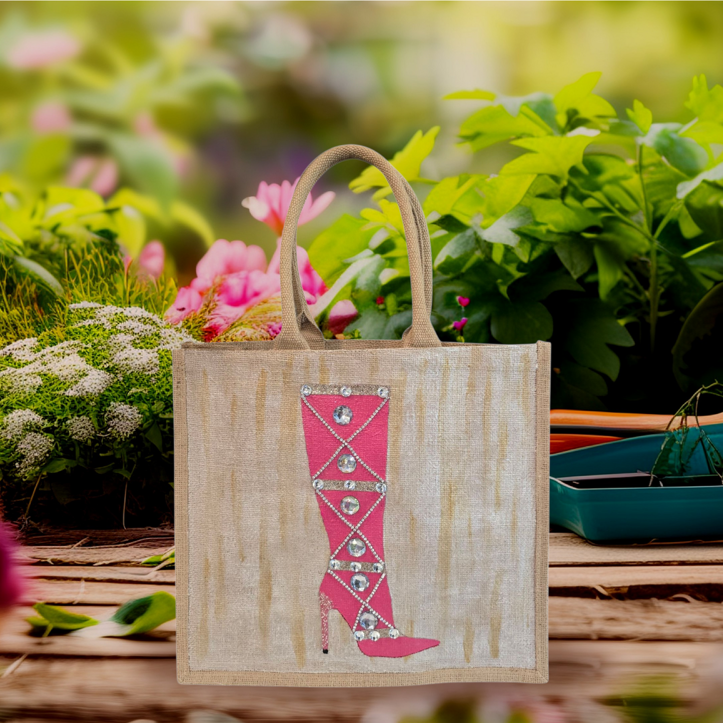 Hand-painted pink rhinestone boot tote bag on natural jute background in an outdoor setting