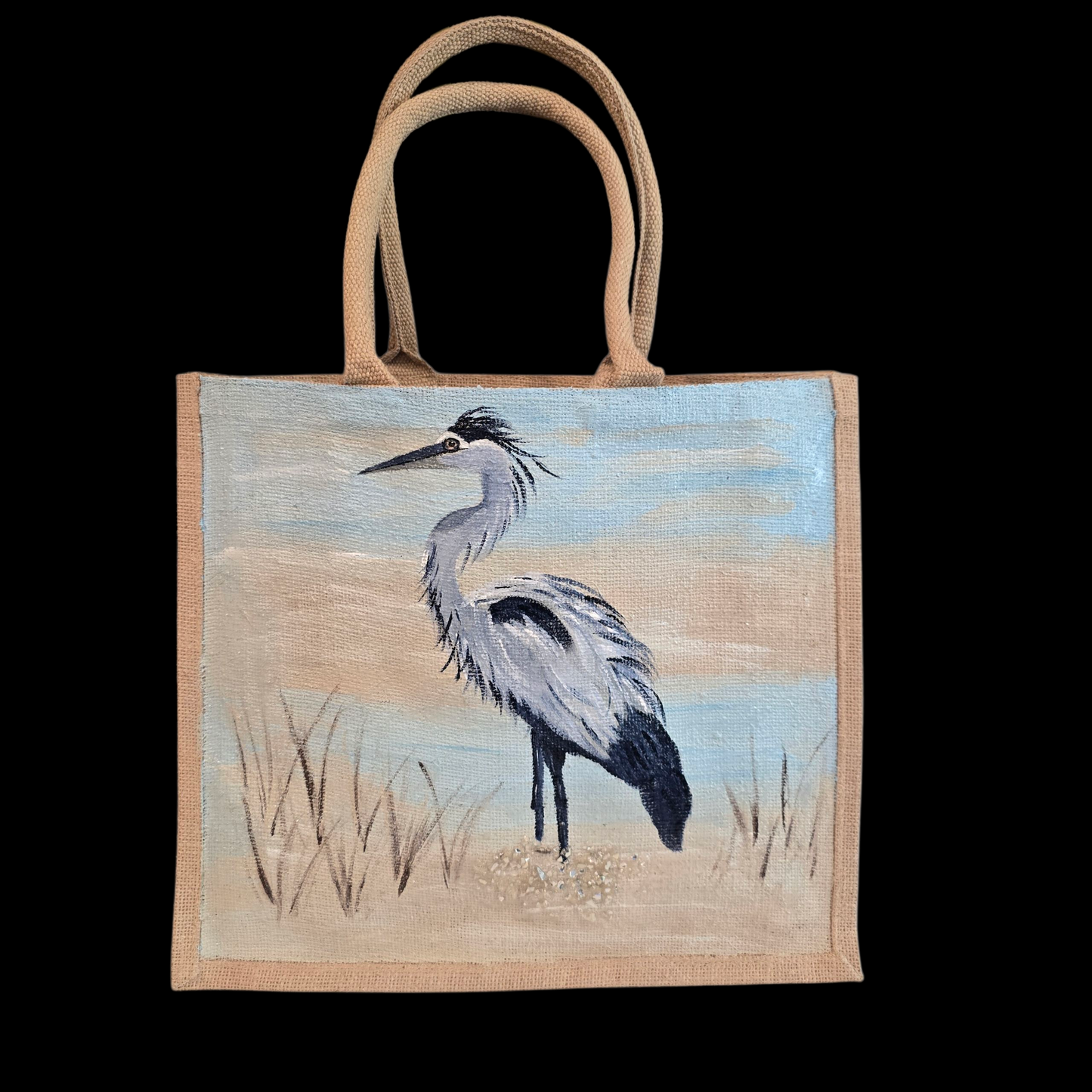 hand painted blue heron with a beachy background embellished with glitter glass on jute tote