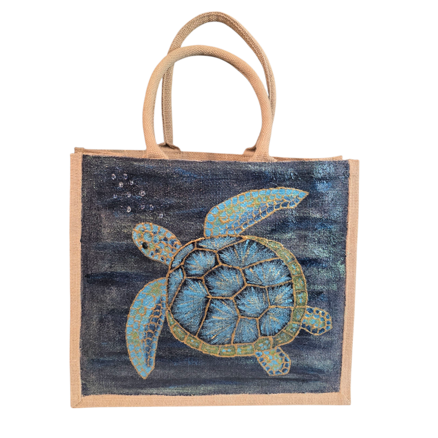 sea turtle hand-painted on burlap jute tote bag in blues, greens and golds on a navy metallic background.