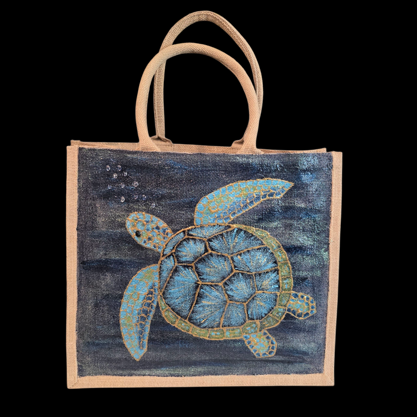 sea turtle hand-painted on burlap jute tote bag in blues, greens and golds on a navy metallic background.
