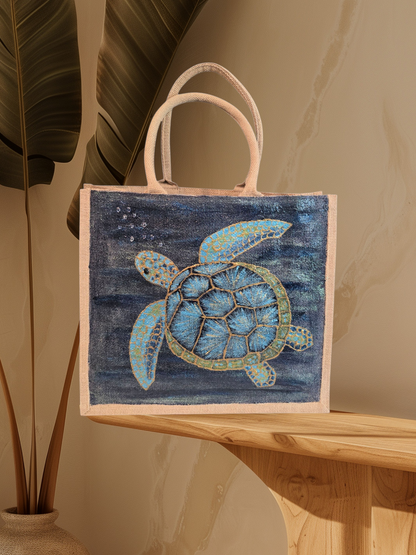 sea turtle hand-painted on burlap jute tote bag in blues, greens and golds on a navy metallic background.