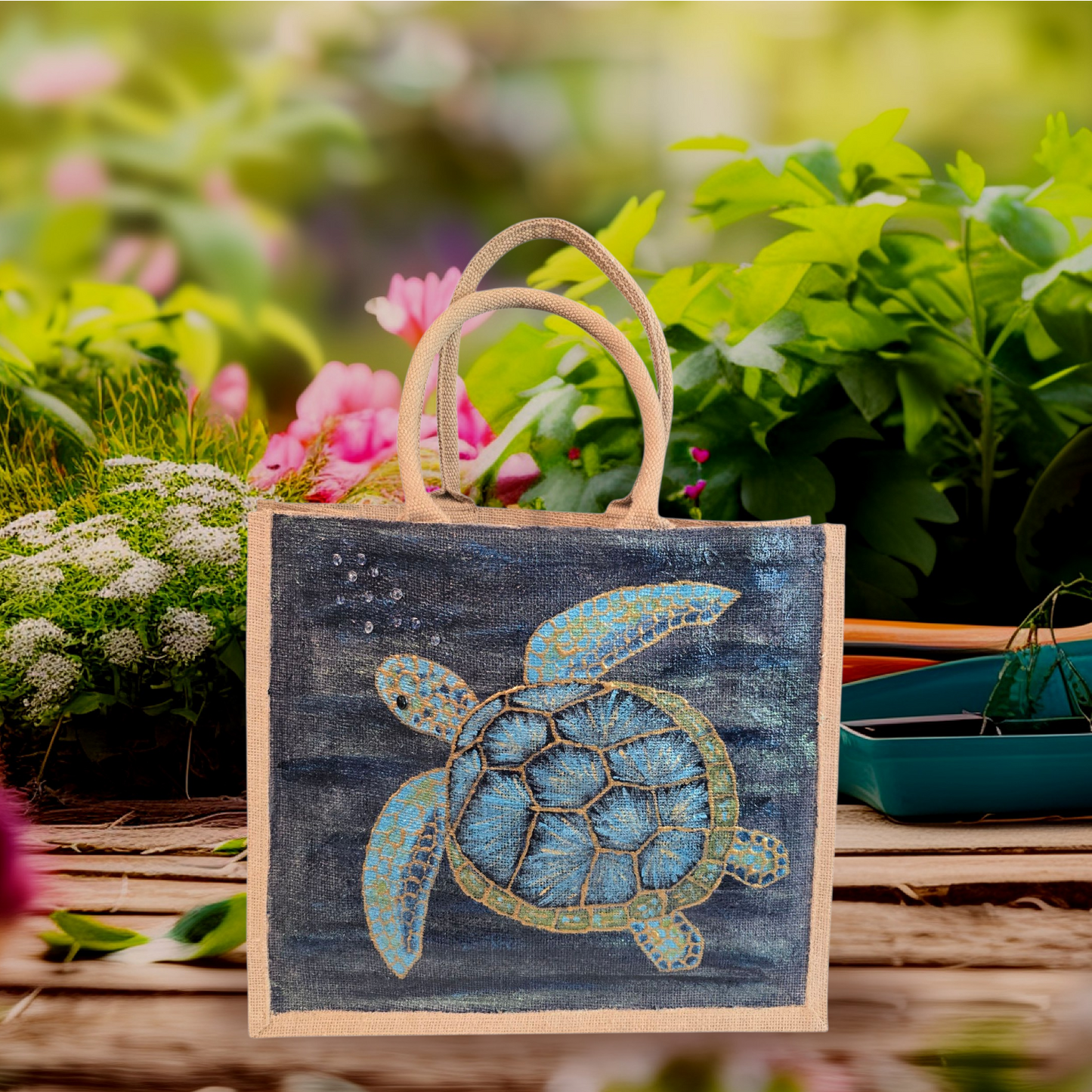 sea turtle hand-painted on burlap jute tote bag in blues, greens and golds on a navy metallic background.