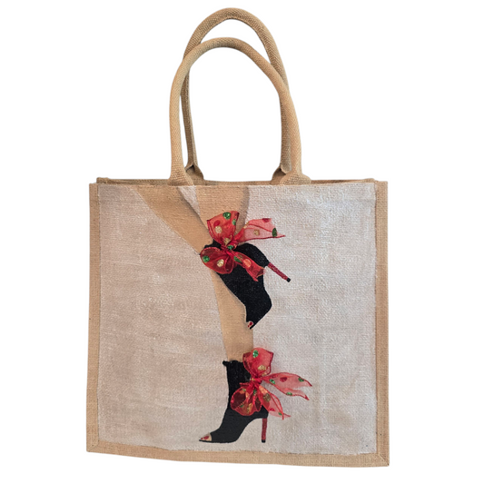 Kicking Up Her Heels Tote Bag, woman legs with black booties and red multicolored ribbon
