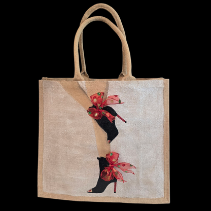 Kicking Up Her Heels Tote Bag, woman legs with black booties and red multicolored ribbon