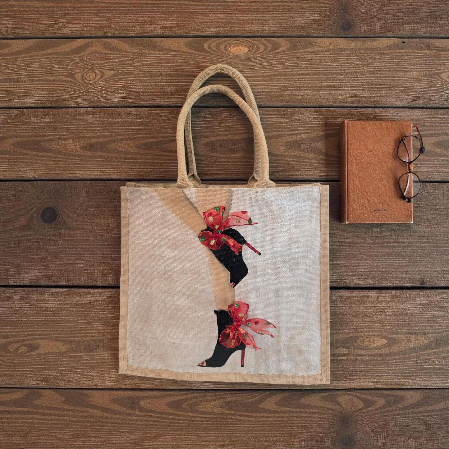 Kicking Up Her Heels Tote Bag, woman legs with black booties and red multicolored ribbon