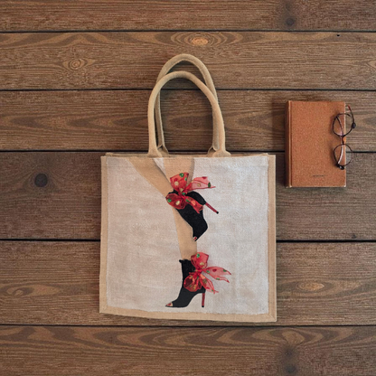 Kicking Up Her Heels Tote Bag, woman legs with black booties and red multicolored ribbon