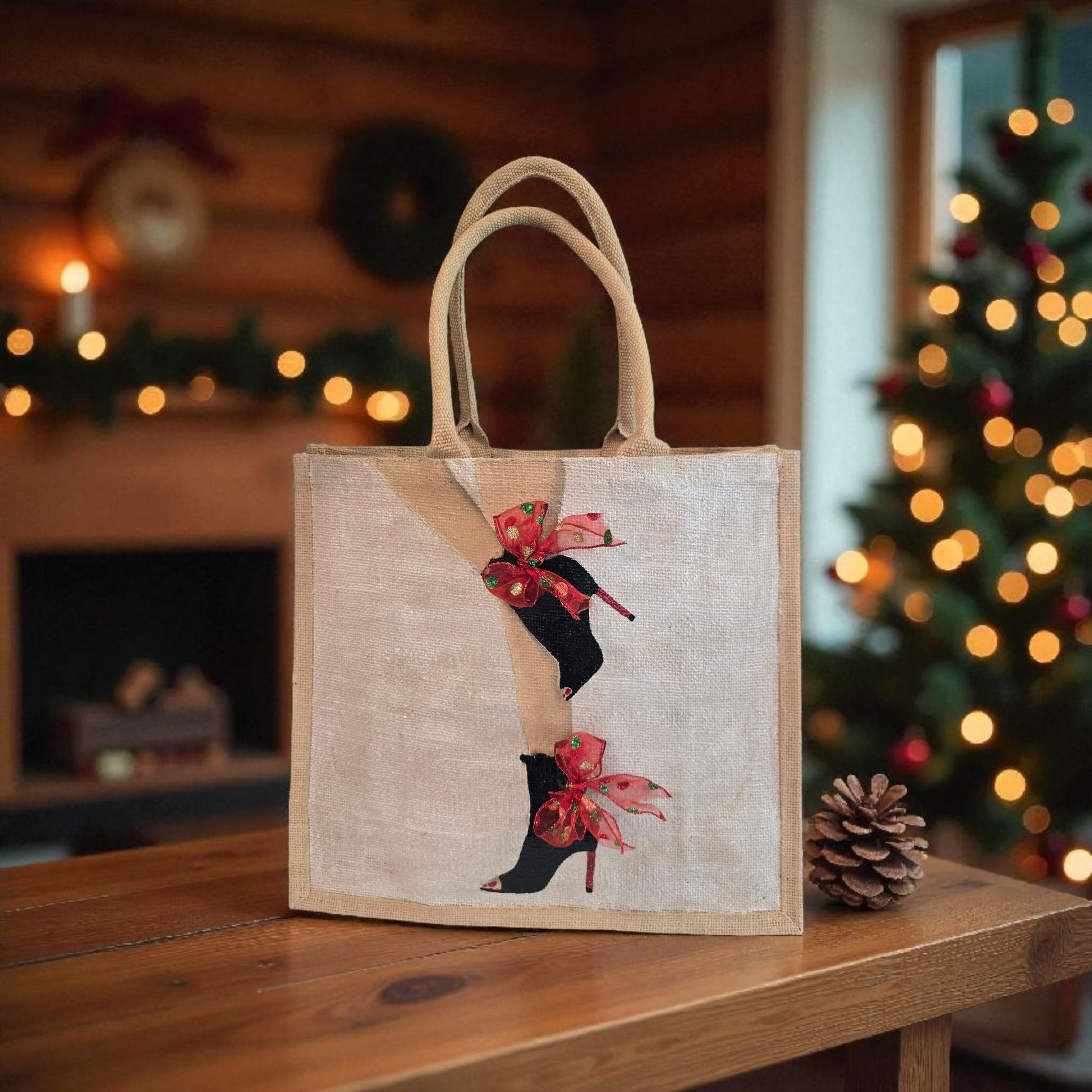 Kicking Up Her Heels Tote Bag, woman legs with black booties and red multicolored ribbon