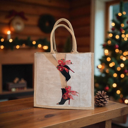 Kicking Up Her Heels Tote Bag, woman legs with black booties and red multicolored ribbon